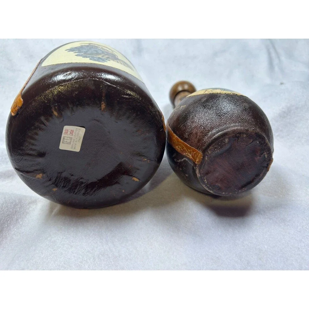Two Vintage Italian brown Leather Covered Wine Bottle Bar Decanter Made In Italy